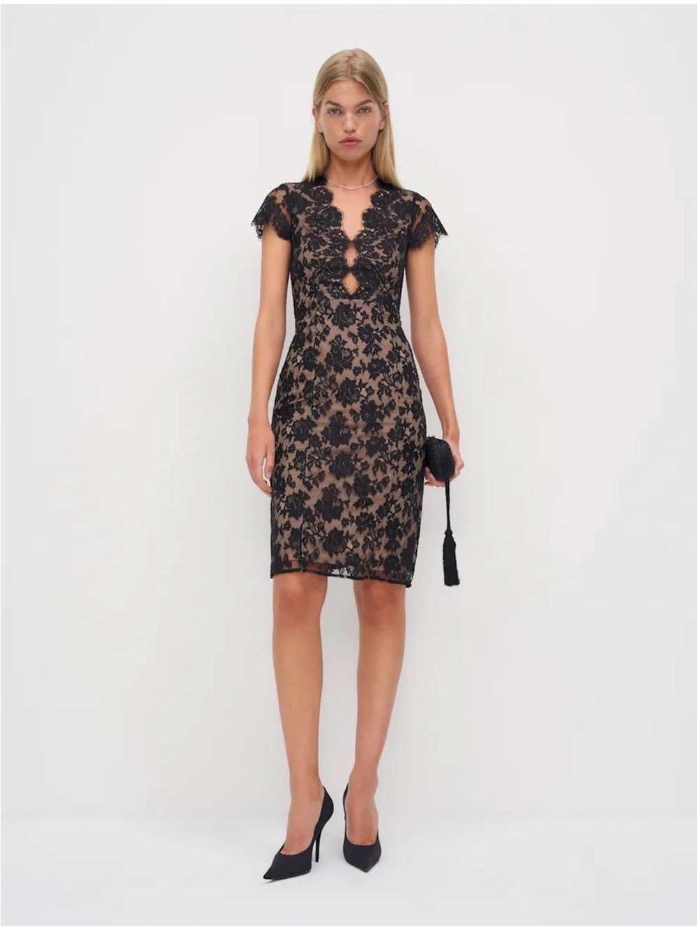 Reformation Black Lace & Nude Underlay Midi Dress